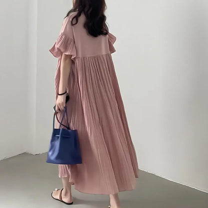 Women's Loose Pleated Patchwork Dress – Flying Sleeve Long Skirt, Casual and Stylish