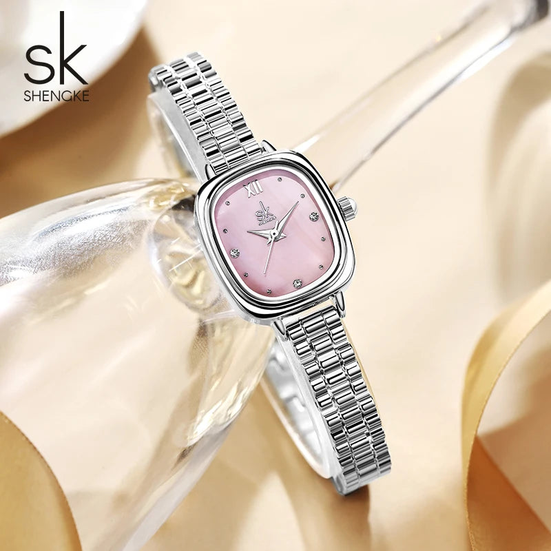 Shengke Women's Luxury Pink Pearl Dial Watch – Elegant Square Case Quartz Wristwatch, Minimalist Ladies Gift for Women
