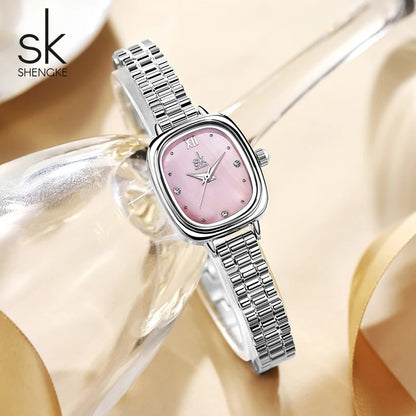 Shengke Women's Luxury Pink Pearl Dial Watch – Elegant Square Case Quartz Wristwatch, Minimalist Ladies Gift for Women