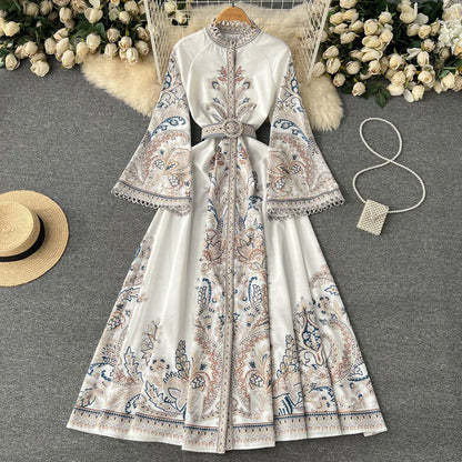 Women's Retro Print Long-Sleeve Swing Dress – Spring/Autumn Fashion with Stand Collar and Fitted Waist