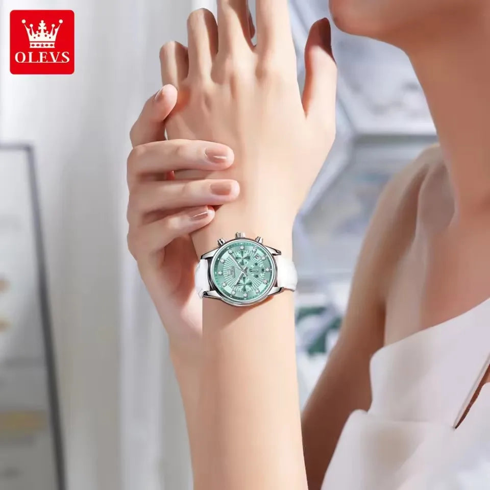 OLEVS 3669 Women's Quartz Watch – Multifunctional Elegant Wristwatch with White Leather Band, Calendar, and Luminous Hands – Perfect Gift for Ladies
