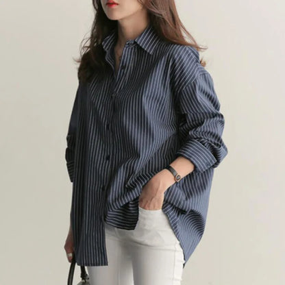 Women’s Spring and Autumn Cotton Striped Blouse – Loose Casual Long Sleeve V-Neck Button-Up Shirt with Lapel Design Ciara