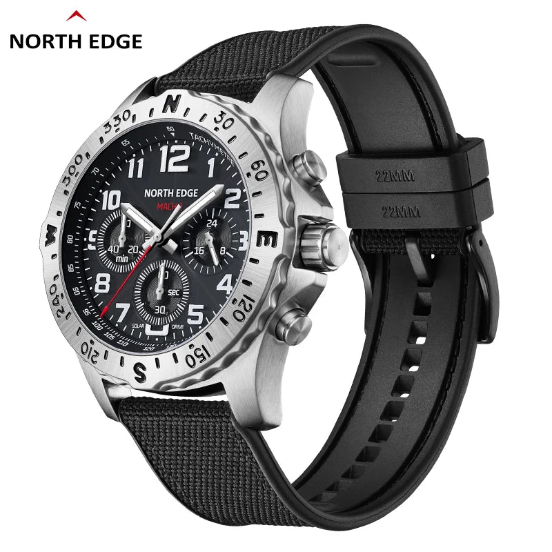 North Edge Mach2 Sports Watch – Solar-Powered Waterproof Chronograph with Stainless Steel Design