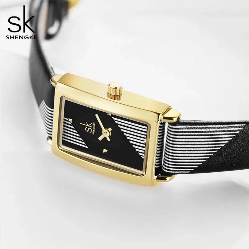 Shengke Women's Designer Rectangle Watch – Elegant Ladies Wristwatch with Leather Band and Quartz Movement Chantal