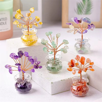 Natural Crystal Fortune Tree – Hand-Woven Mini Crystal Tree Ornaments with Gravel Gems in Glass Vases