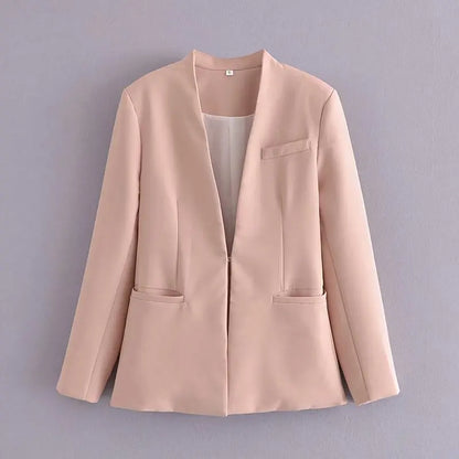 Women's Casual Long Sleeve Suit Jacket - All-Match Lapel-Free Blazer with Shoulder Pads Clemence