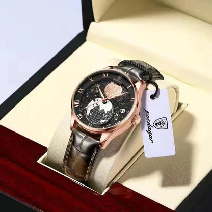 POEDAGAR 803 Men's Quartz Watch – Fashion Leather Strap Waterproof Wristwatch with Globe Dial, Automatic Calendar, and Trendy Design Nicolas