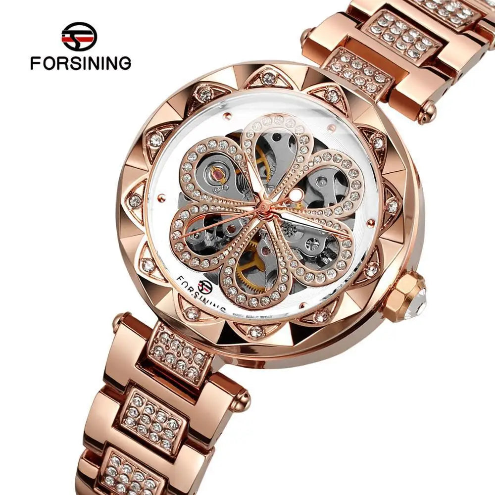 Forsining 342 Women's Automatic Mechanical Watch – Elegant Flower Design, Stainless Steel Fashion Wristwatch