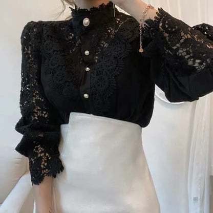 Women Blouse Petal Sleeve Stand Collar Hollow Out Flower Lace Patchwork Shirt