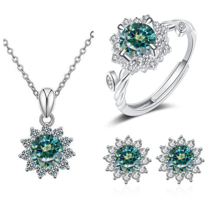 S925 Sterling Silver Stud Earrings & Pendant Set | 1 Carat Moissanite Necklace | Classic Sunflower Design | Perfect Valentine’s Day Gift Serafina