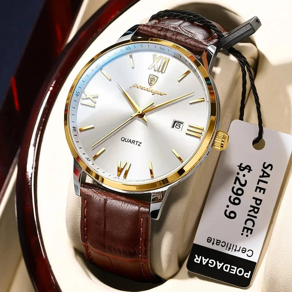 POEDAGAR 826 Leather Quartz Watch – Luxury Waterproof Sports Watch for Men, Business Wristwatch with Date Display Samuel