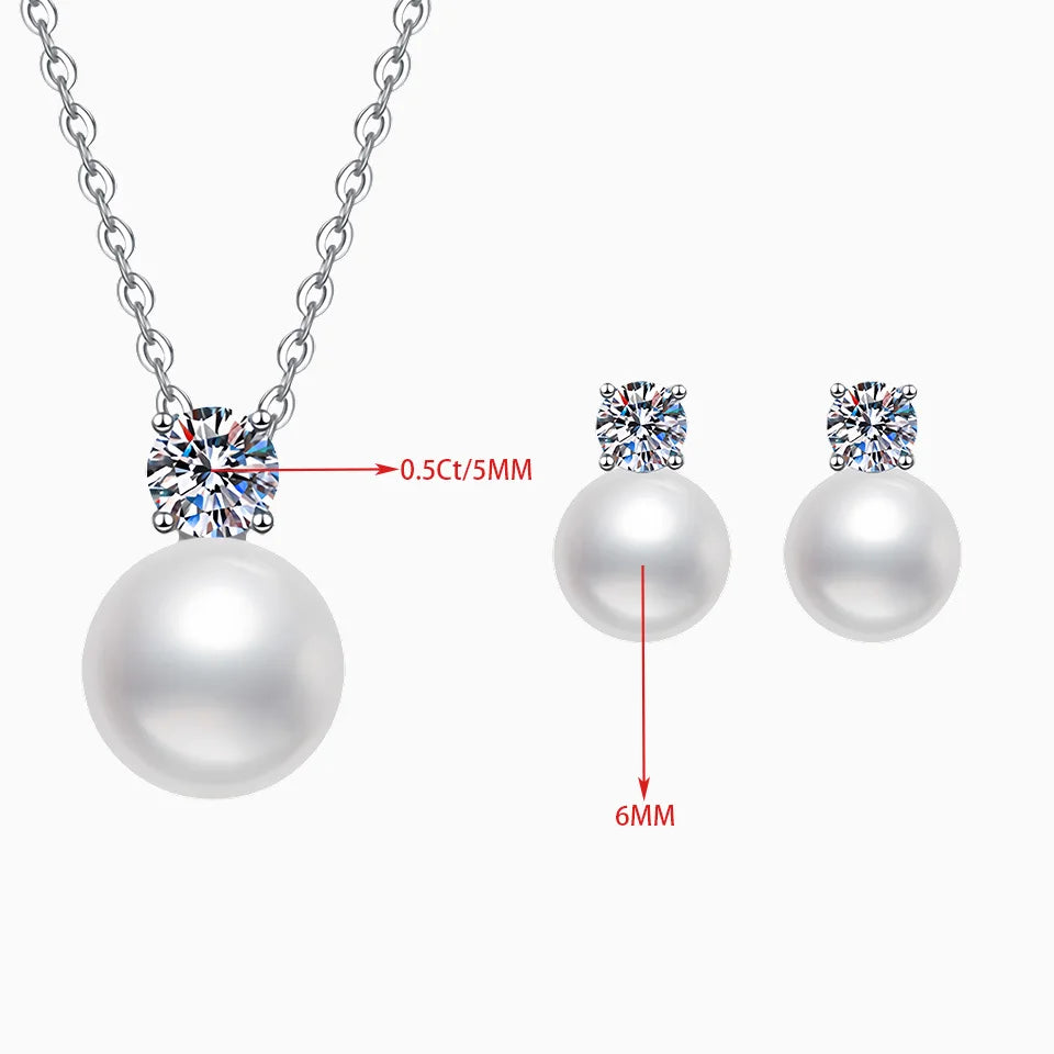 S925 Sterling Silver Moissanite & Pearl Jewelry Set – 0.5ct D Color VVS1 Earrings & Necklace for Women