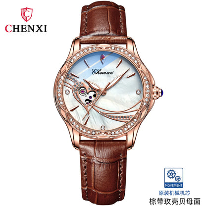 CHENXI 8837 Women's Luxury Diamond Skeleton Watch - Automatic Mechanical Stainless Steel Waterproof Timepiece