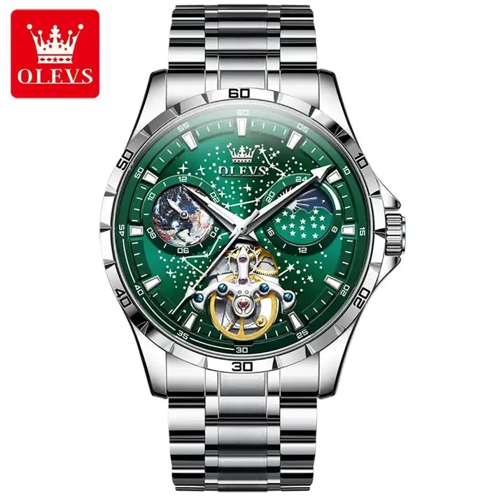 OLEVS 6689 Men's Automatic Mechanical Watch – Luxury Skeleton Design with Starry Sky Dial, Multifunctional Features, Stainless Steel, and Leather Strap