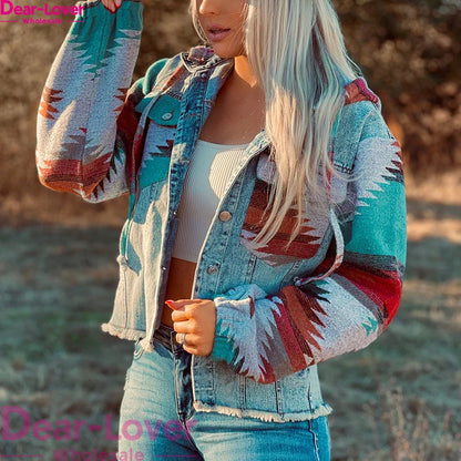 Women's Vintage Aztec Western Denim Jacket with Frayed Hem - Boho Chic Style Arabella