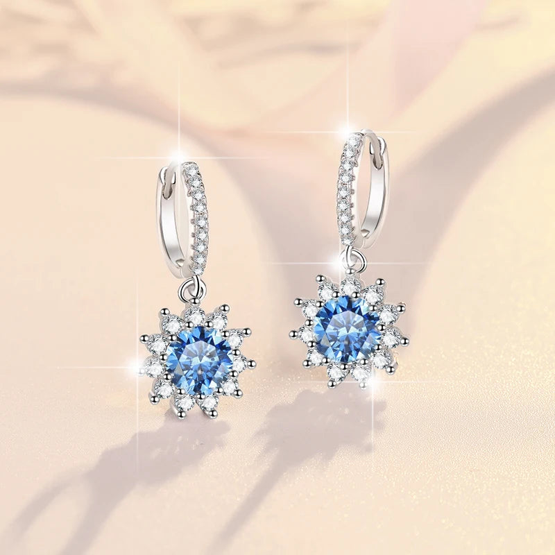 Fine Jewelry | Flower Shape S925 Sterling Silver Moissanite Earrings | 1Ct/0.5Ct Blue & Pink Stud and Hoop Design | GRA Certified Pamela