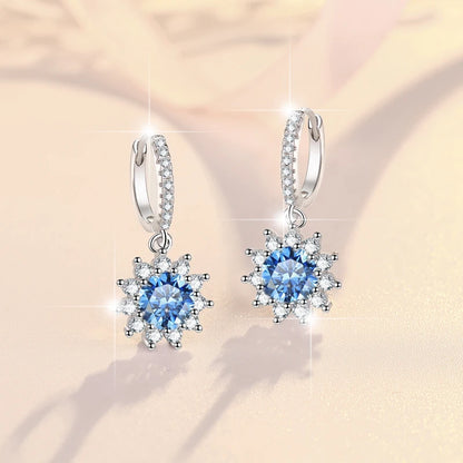 Fine Jewelry | Flower Shape S925 Sterling Silver Moissanite Earrings | 1Ct/0.5Ct Blue & Pink Stud and Hoop Design | GRA Certified Pamela