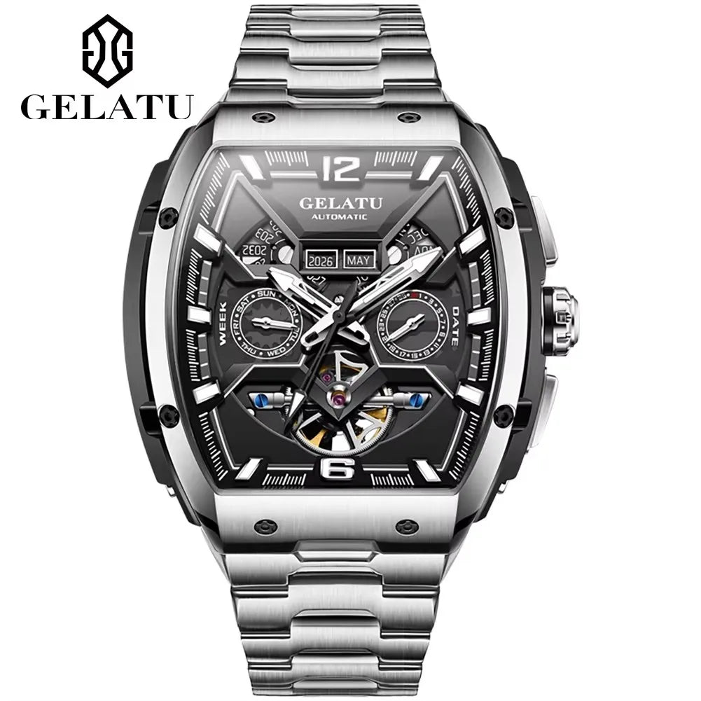 Gelatu 6013 Luxury Men's Skeleton Watch – Stainless Steel Automatic Mechanical Wristwatch