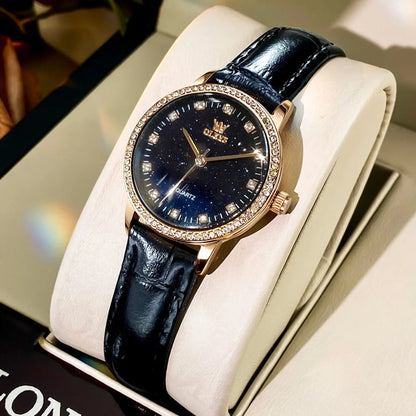 OLEVS 5605 Women’s Quartz Watch | Elegant Leather Strap, Diamond Luminous Dial Katsa