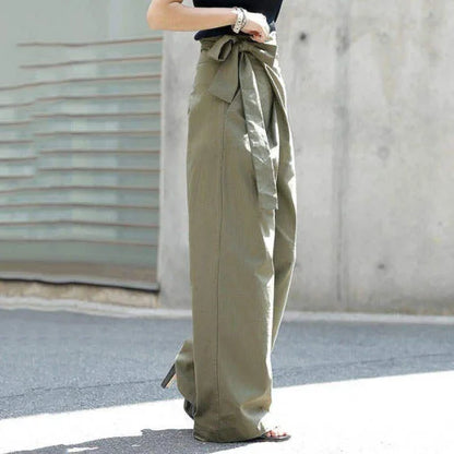 Women's Casual High-Waist Lace-Up Wide-Leg Pants - Solid Color, Loose Fit