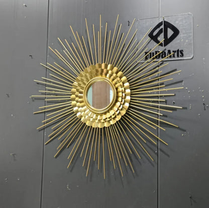 Sunburst Round Gold Frame Wall Mirror – Metal Art for Living Room Background and Home Decor