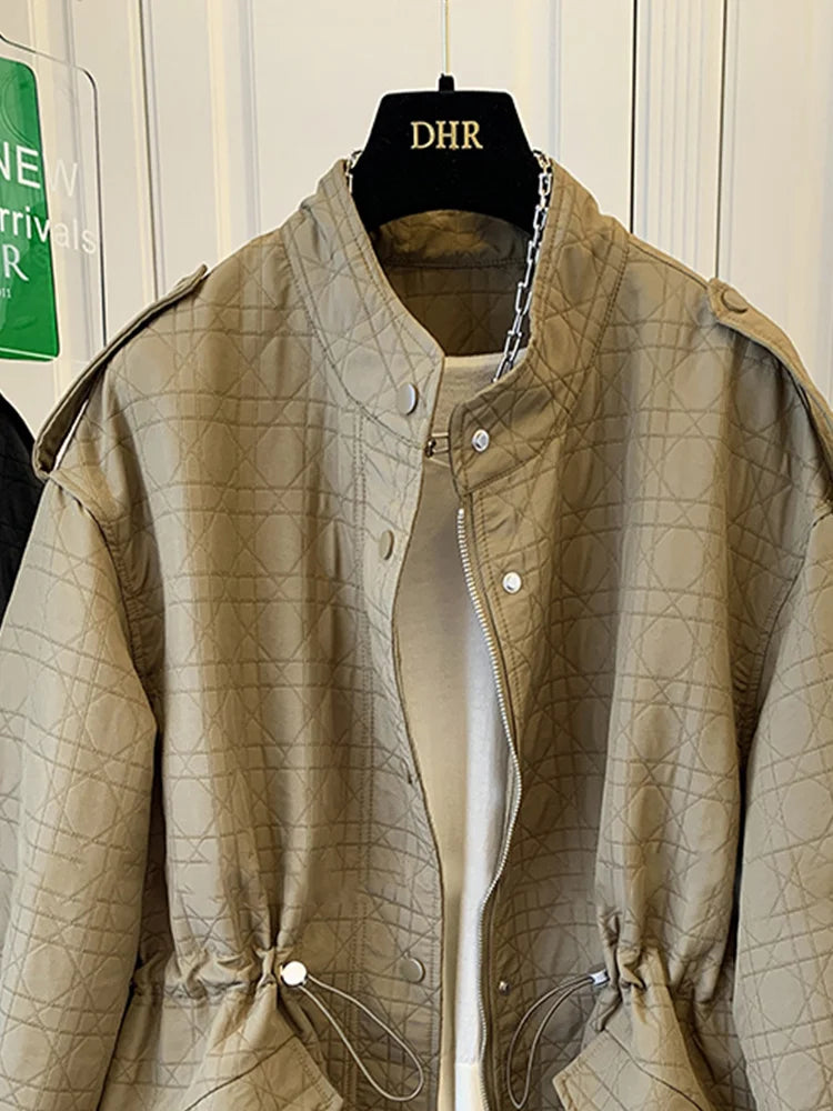 Women’s Autumn Premium Windbreaker Coat – Stand Collar, Drawstring Waist, Quilted Lingge Design