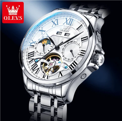 OLEVS 7013 Men's Moon Phase Mechanical Watch – Roman Scale, Hollow Flywheel, Waterproof Automatic Timepiece