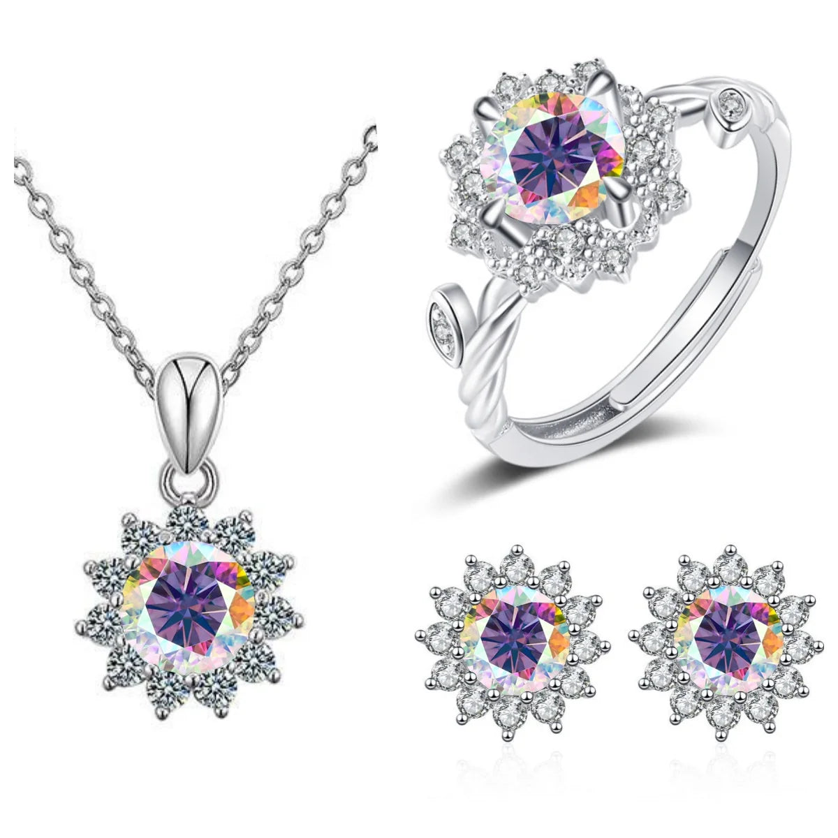 S925 Sterling Silver Stud Earrings & Pendant Set | 1 Carat Moissanite Necklace | Classic Sunflower Design | Perfect Valentine’s Day Gift Serafina