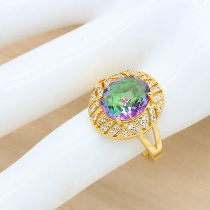 Geometric Gold-Plated Jewelry Set for Women – Rainbow Stone Alloy Bracelet, Hoop Earrings, Necklace & Ring | Perfect Wedding, Party & Birthday Gift Mireille