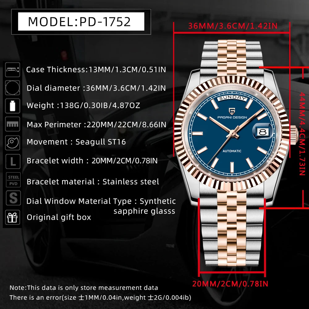 PAGANI DESIGN PD-1752 Rose Gold DD36 Men’s Mechanical Watch | 2025 Luxury Automatic Watch | Sapphire Glass | High‑End Wristwatch for Men