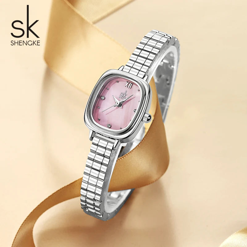 Shengke Women's Luxury Pink Pearl Dial Watch – Elegant Square Case Quartz Wristwatch, Minimalist Ladies Gift for Women
