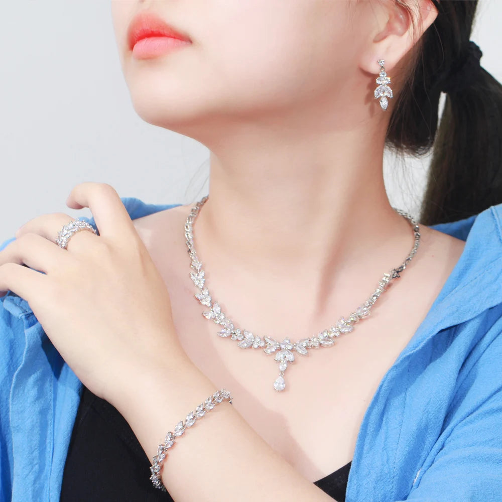 4pcs Delicate Leaf-Shaped Cubic Zirconia Jewelry Set – Drop Earrings, Necklace, Bracelet & Ring | Luxury Dubai Bridal Wedding Jewelry for Women Adela