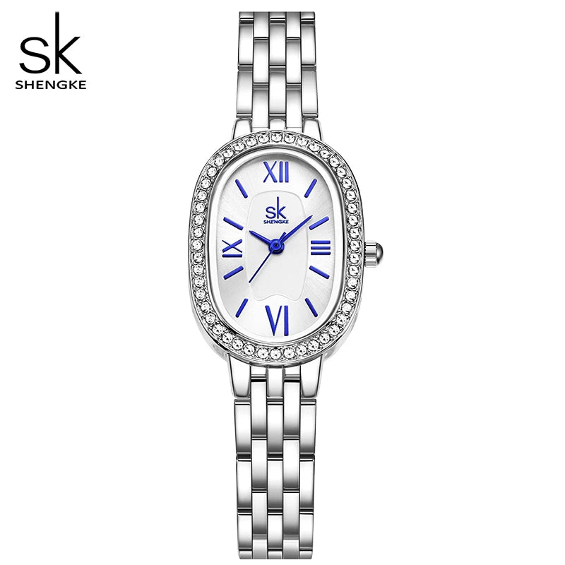 Shengke Women's Luxury Oval Crystal Watch – Elegant Diamond-Accented Fashion Wristwatch with Alloy Bracelet for Girls and Women