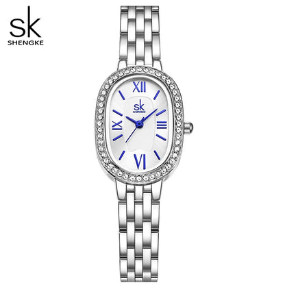 Shengke Women's Luxury Oval Crystal Watch – Elegant Diamond-Accented Fashion Wristwatch with Alloy Bracelet for Girls and Women