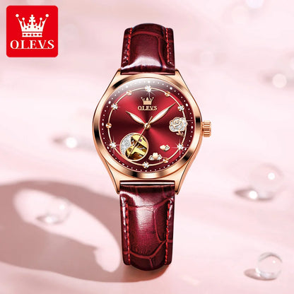 OLEVS 6601 Women's Luxury Mechanical Watch - Trendy Classic Design, Diamond Dial, Waterproof Leather Wristwatch