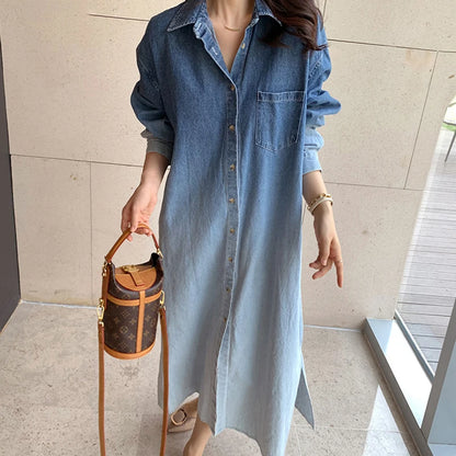 Women's French Style Denim Dress | Gradient Halo Dye, Lapel, Single-Breasted, Loose Long Sleeve Design Diane