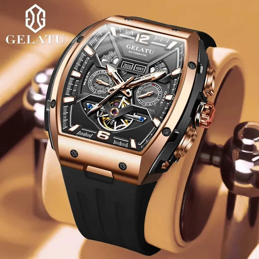 Gelatu 6013 Men's Waterproof Tourbillon Skeleton Automatic Mechanical Watch with Calendar & Luminous Hands