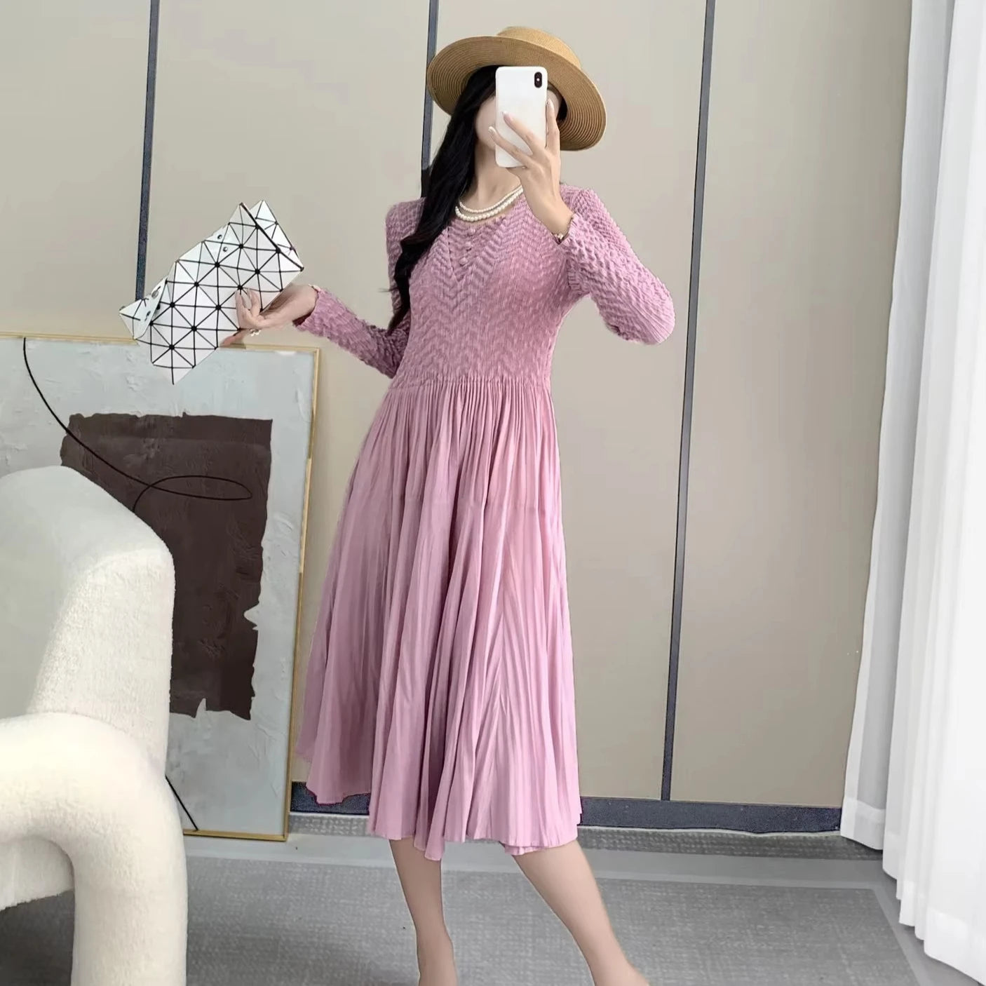 Smocked Dress Casual Slim Fit Long Sleeve Embossed Pleated Elegant Dress