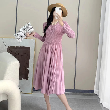 Smocked Dress Casual Slim Fit Long Sleeve Embossed Pleated Elegant Dress