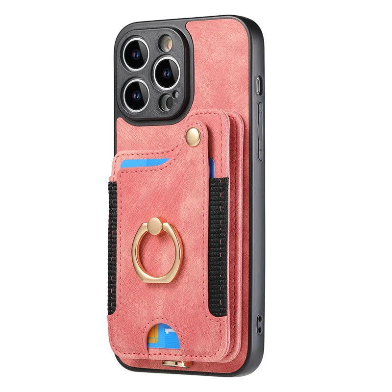 Leather Card Holder Phone Case – Protective Cover with Strap for iPhone 15, 14, 13