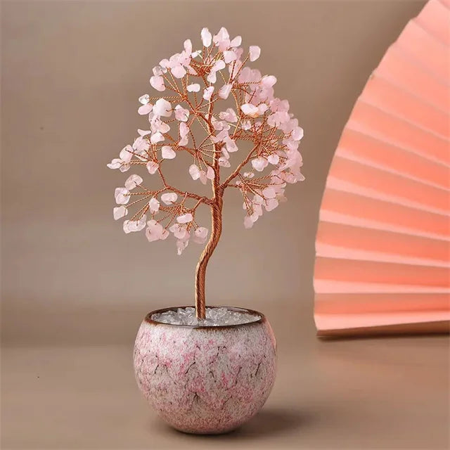 Natural Healing Rose Quartz Crystal Money Tree – DIY Decoration Ornament with Copper Wire and Ceramic Bowl Base