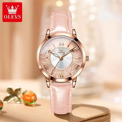 OLEVS 5539 Women's Casual Quartz Wristwatch – High-Quality Waterproof Watch with Genuine Leather Strap Laure