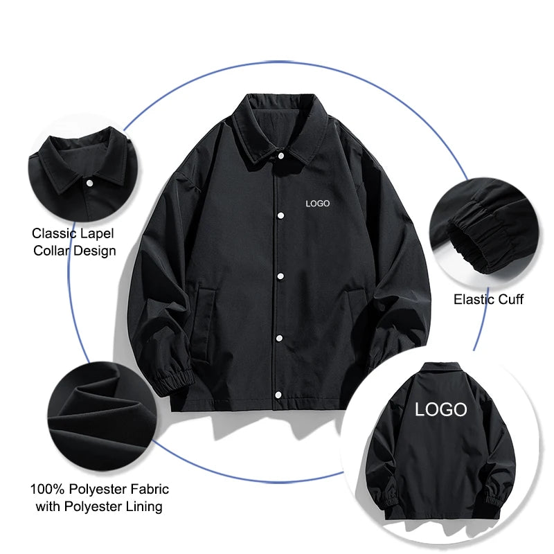 Polyester Windbreaker Jacket | Unisex Loose Fit Lapel Collar Plain Coach Jackets Darcy