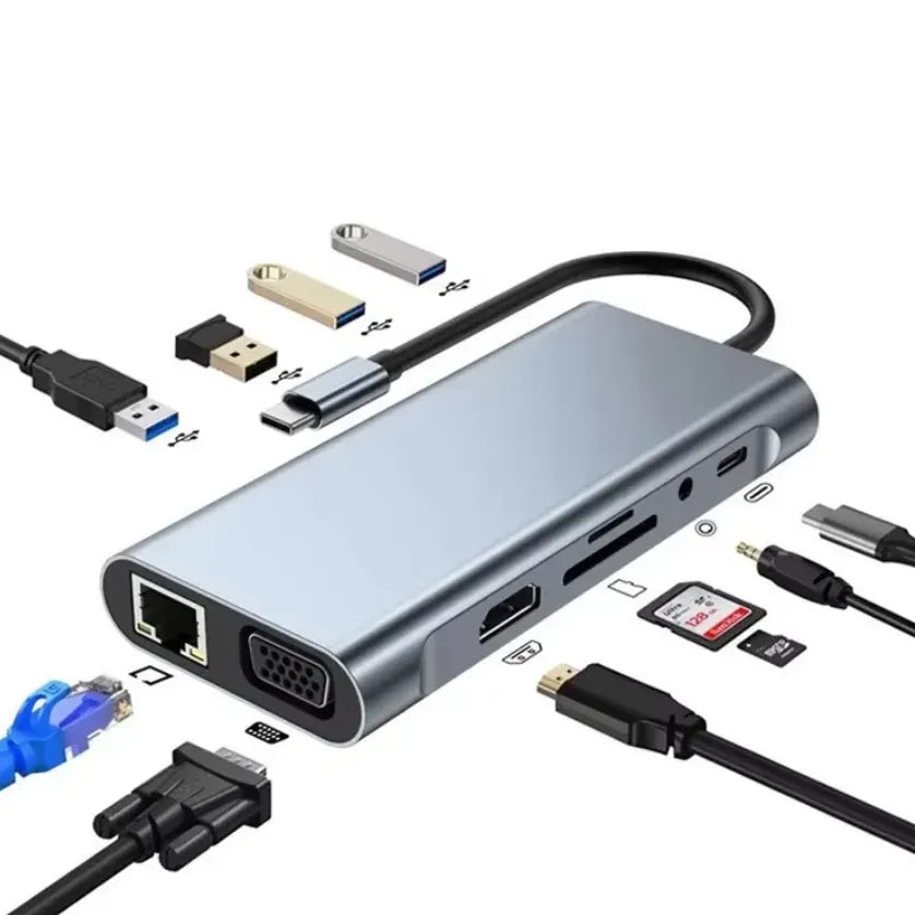 Multifunction 11-in-1 USB-C Hub – 4K 30Hz HDMI Multiport Adapter with 4 USB 3.0 Ports, 3.5mm AUX, and 11-Port Docking Station for Laptops