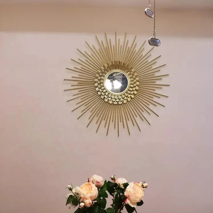 Sunburst Round Gold Frame Wall Mirror – Metal Art for Living Room Background and Home Decor