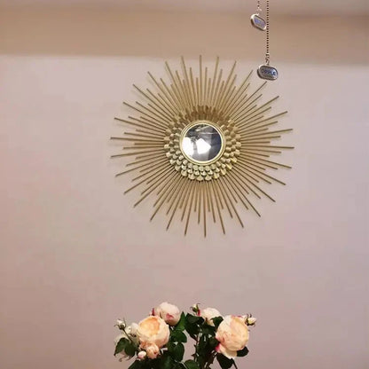 Sunburst Round Gold Frame Wall Mirror – Metal Art for Living Room Background and Home Decor
