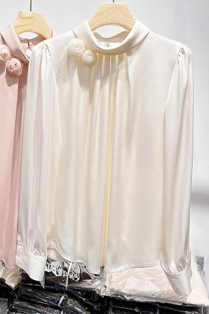Spring French Style Women's Shirt – Standing Collar, Floral Design, Long Sleeve, Elegant Minimalist Top