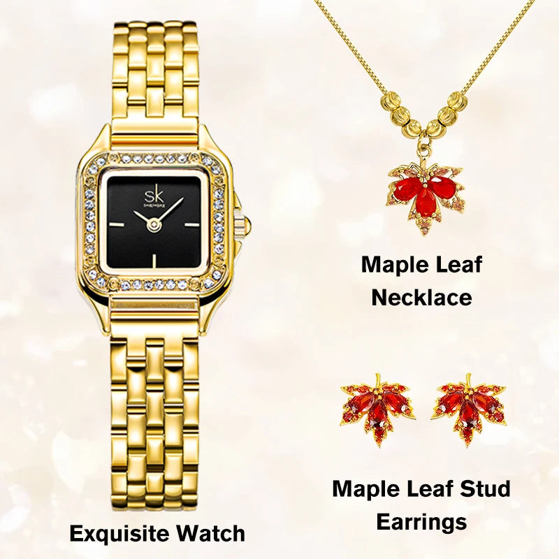 Shengke Ladies' Jewelry Watch Set - Bamboo & Maple Leaf Design, Women’s Gift Box Wristwatches Dorothy