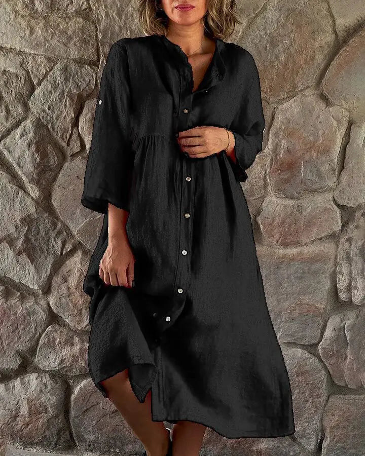 Women Linen Dress Covered Button Stand Neck Long Sleeve Linen Dress High Quality White Linen Dress