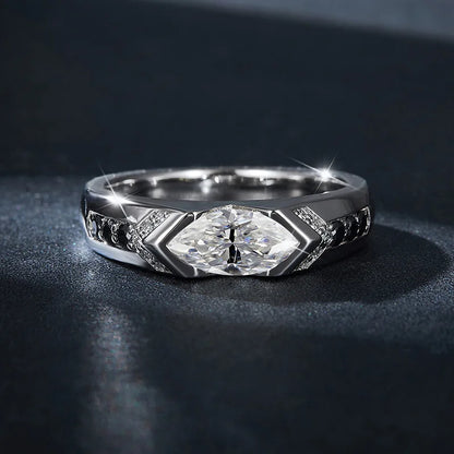 S925 Silver Marquise Rhombus Moissanite Ring – High-End Hip-Hop Style with Black and White Contrast, Perfect for Couples
